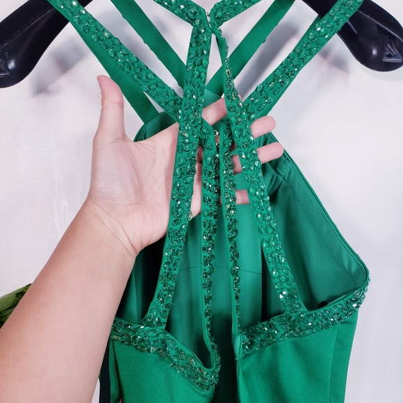 NWT LA FEMME High Halter Beaded Sheath Satin Gown - Picture 7 of 12